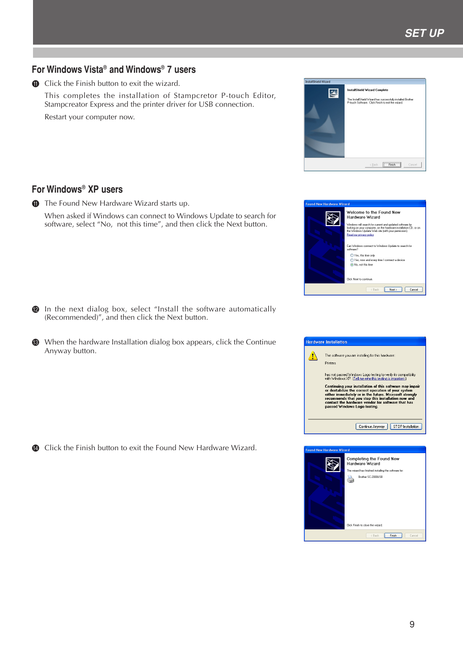 Set up, For windows vista, And windows | 7 users, For windows, Xp users | Brother SC-2000USB User Manual | Page 13 / 63