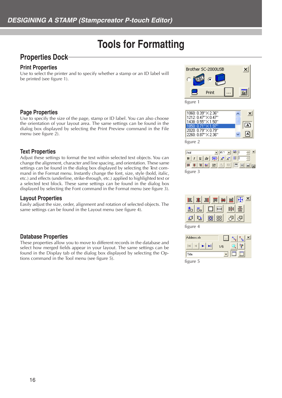 Tools for formatting, Properties dock, Desigining a stamp (stampcreator p-touch editor) | Brother SC-2000USB User Manual | Page 20 / 63