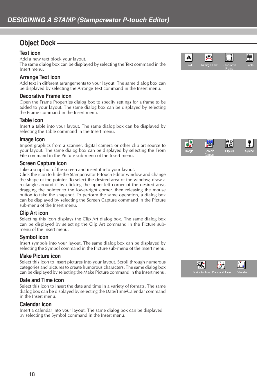 Object dock, Desigining a stamp (stampcreator p-touch editor) | Brother SC-2000USB User Manual | Page 22 / 63