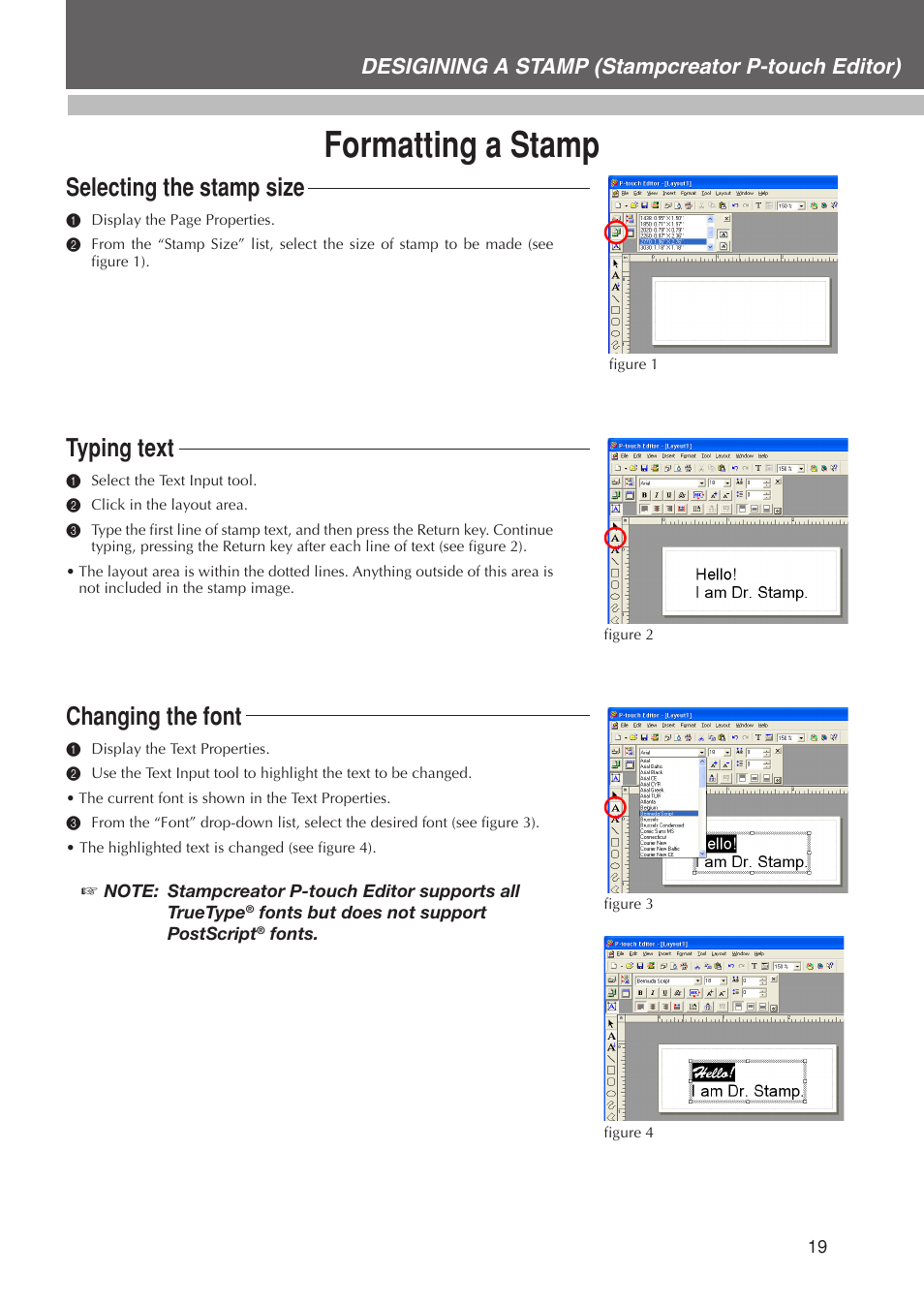 Formatting a stamp, Selecting the stamp size, Typing text | Changing the font, Desigining a stamp (stampcreator p-touch editor) | Brother SC-2000USB User Manual | Page 23 / 63