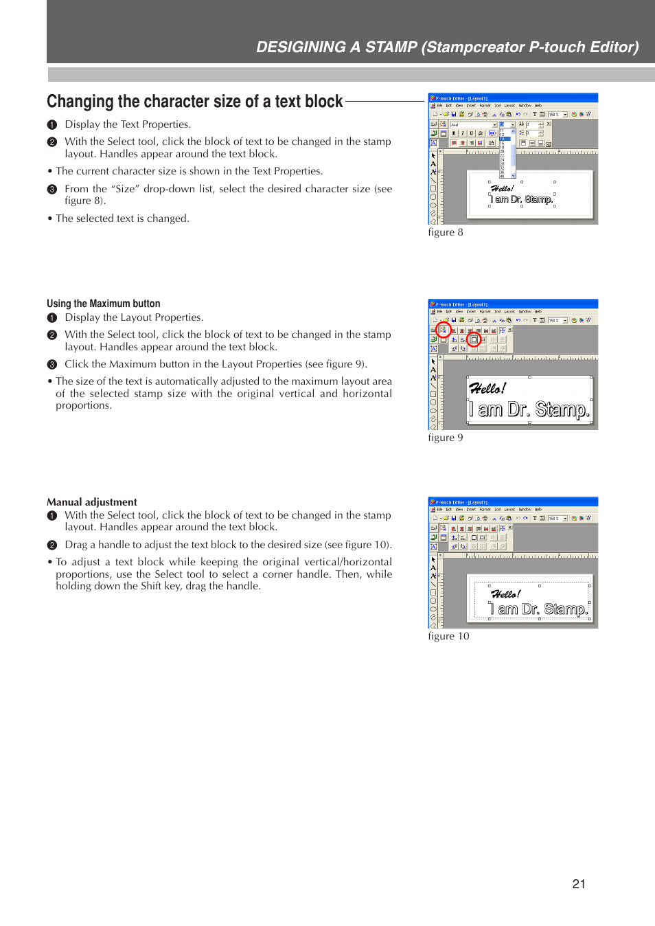 Changing the character size of a text block, Desigining a stamp (stampcreator p-touch editor) | Brother SC-2000USB User Manual | Page 25 / 63