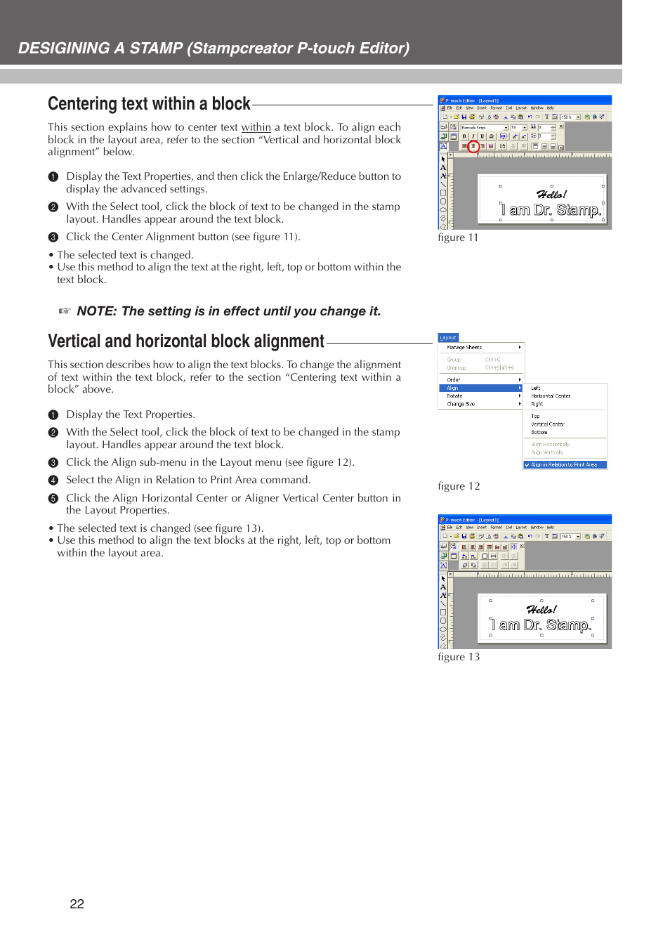 Centering text within a block, Vertical and horizontal block alignment, Desigining a stamp (stampcreator p-touch editor) | Brother SC-2000USB User Manual | Page 26 / 63