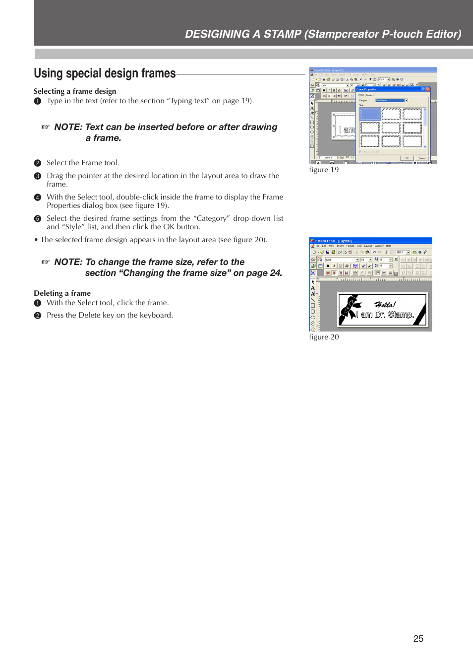Using special design frames, Desigining a stamp (stampcreator p-touch editor) | Brother SC-2000USB User Manual | Page 29 / 63