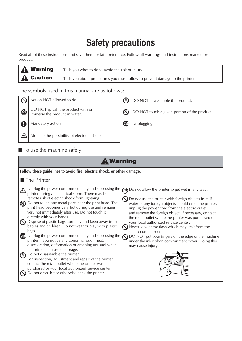Safety precautions, Warning | Brother SC-2000USB User Manual | Page 3 / 63