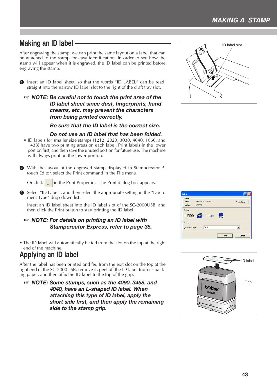 Desigining a stamp, Making an id label, Applying an id label | Making a stamp | Brother SC-2000USB User Manual | Page 47 / 63