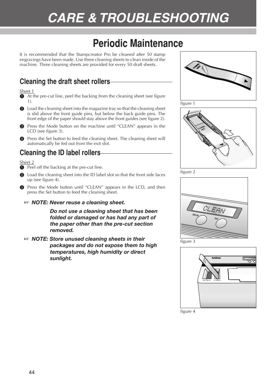 Desigining a stamp, Care & troubleshooting, Periodic maintenance | Cleaning the draft sheet rollers, Cleaning the id label rollers | Brother SC-2000USB User Manual | Page 48 / 63