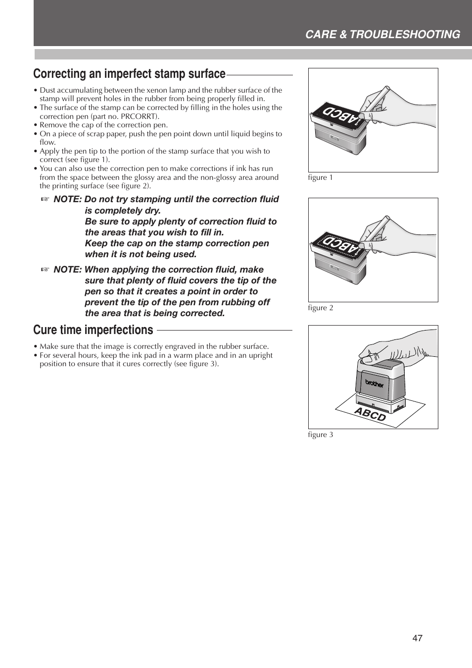 Desigining a stamp, Correcting an imperfect stamp surface, Cure time imperfections | Care & troubleshooting | Brother SC-2000USB User Manual | Page 51 / 63