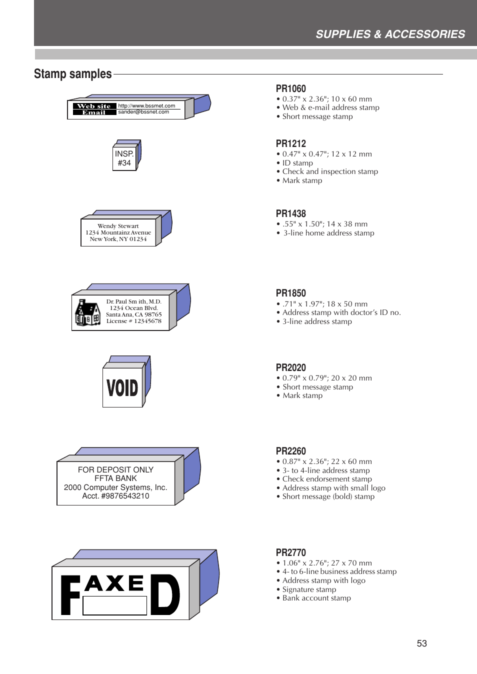 Stamp samples, Supplies & accessories, Pr1060 | Pr1438, Pr1850, Pr2020, Pr2260, Pr2770, Pr1212 | Brother SC-2000USB User Manual | Page 57 / 63
