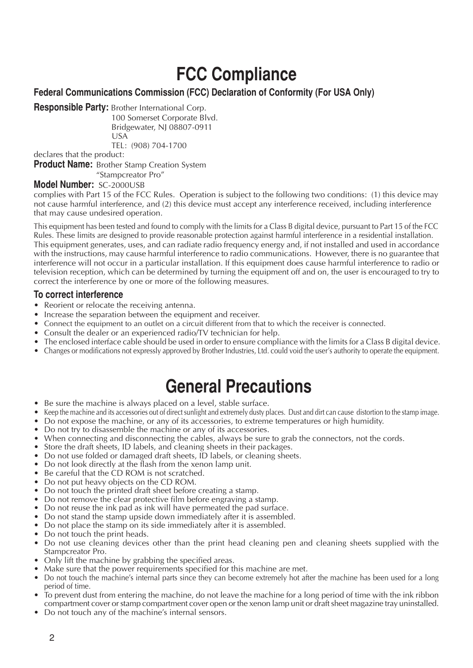 Fcc compliance, General precautions | Brother SC-2000USB User Manual | Page 6 / 63