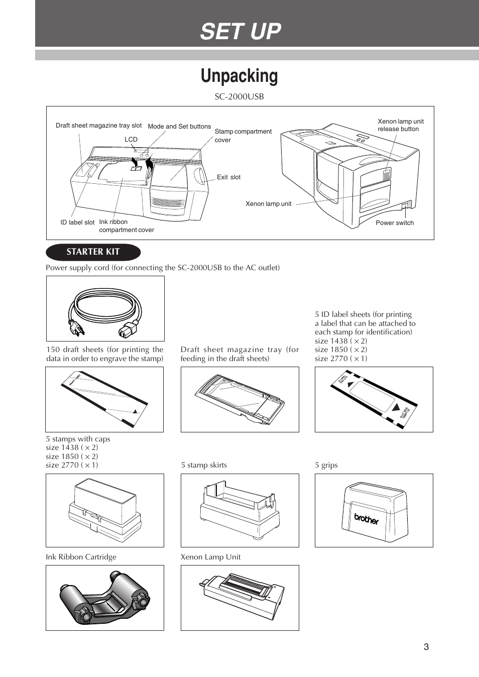 Set up, Unpacking | Brother SC-2000USB User Manual | Page 7 / 63