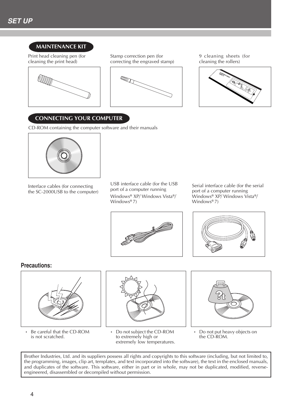 Set up, Precautions, Maintenance kit | Connecting your computer | Brother SC-2000USB User Manual | Page 8 / 63