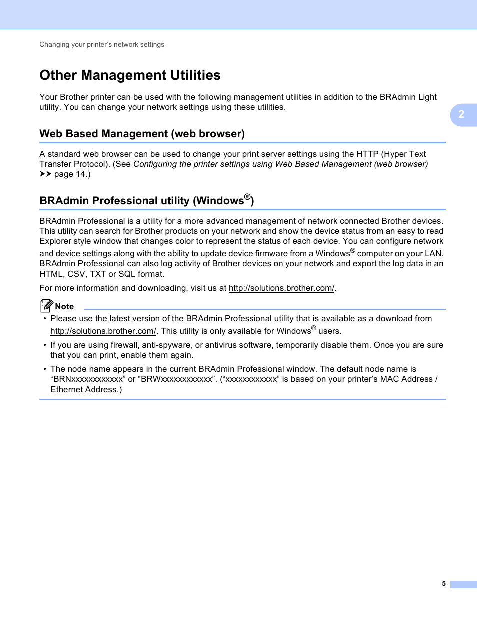Other management utilities, Web based management (web browser), Bradmin professional utility (windows®) | Bradmin professional utility (windows | Brother QL-720NW User Manual | Page 10 / 48