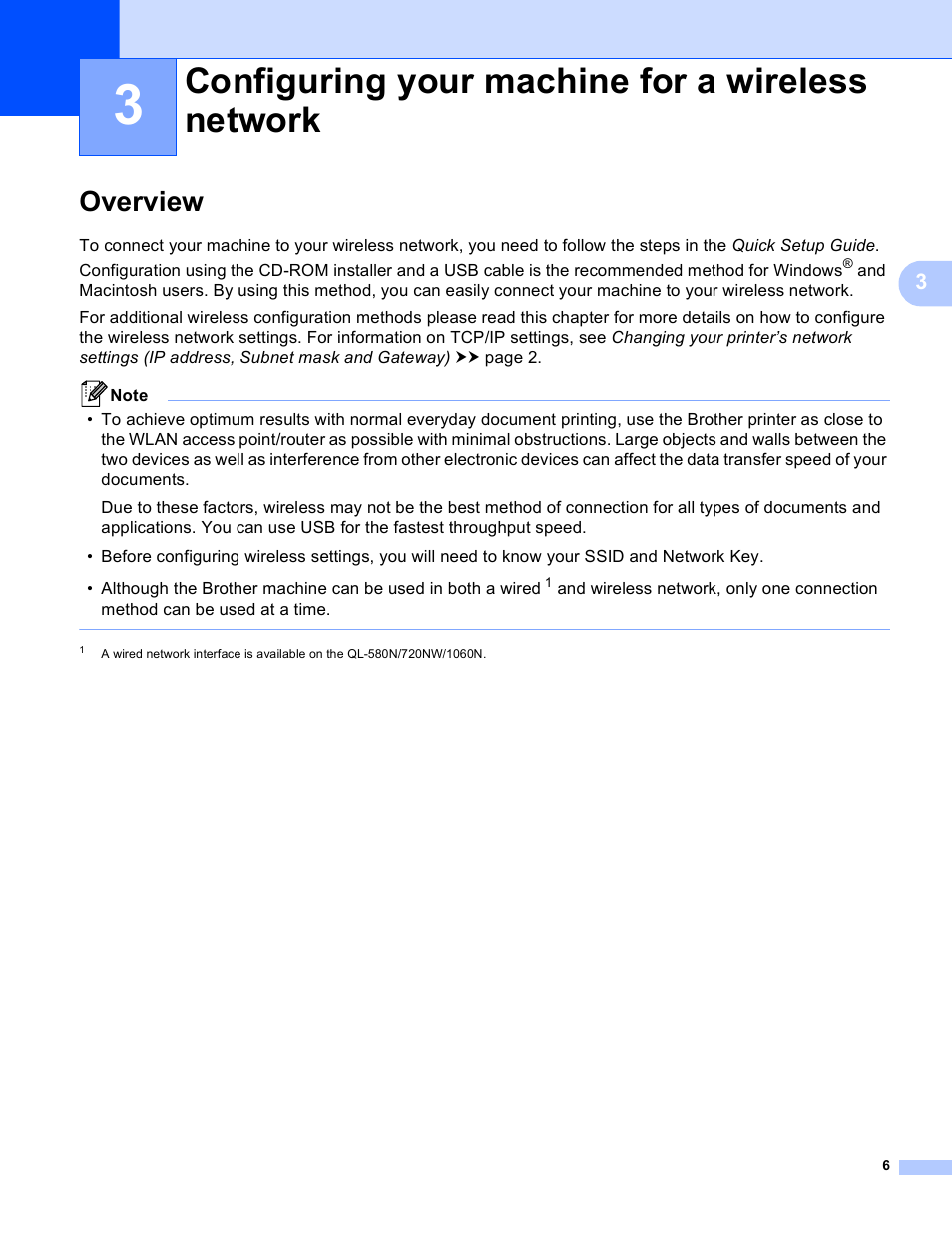 3 configuring your machine for a wireless network, Overview, Configuring your machine for a wireless network | Brother QL-720NW User Manual | Page 11 / 48