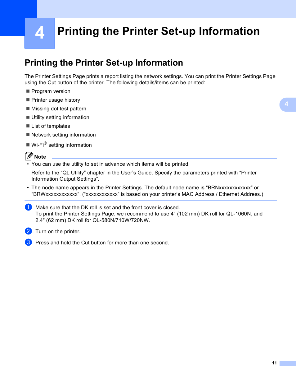 4 printing the printer set-up information, Printing the printer set-up information | Brother QL-720NW User Manual | Page 16 / 48