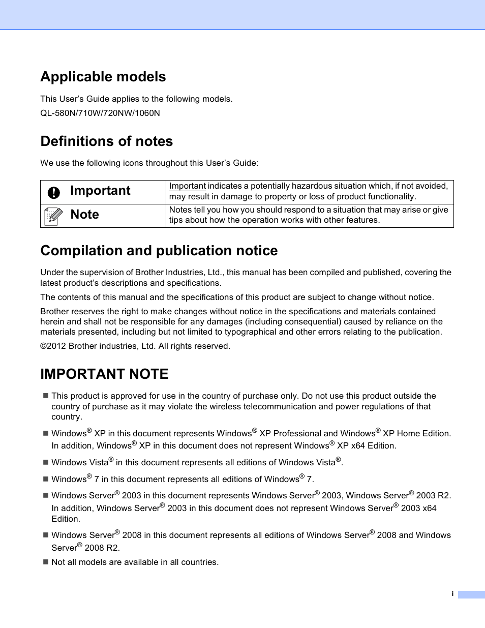 Applicable models, Definitions of notes, Compilation and publication notice | Important note, Important | Brother QL-720NW User Manual | Page 2 / 48