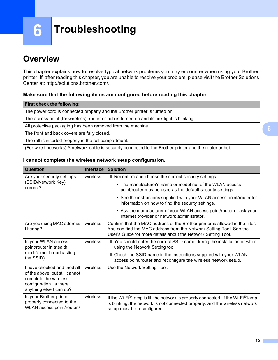 6 troubleshooting, Overview, Troubleshooting | Brother QL-720NW User Manual | Page 20 / 48