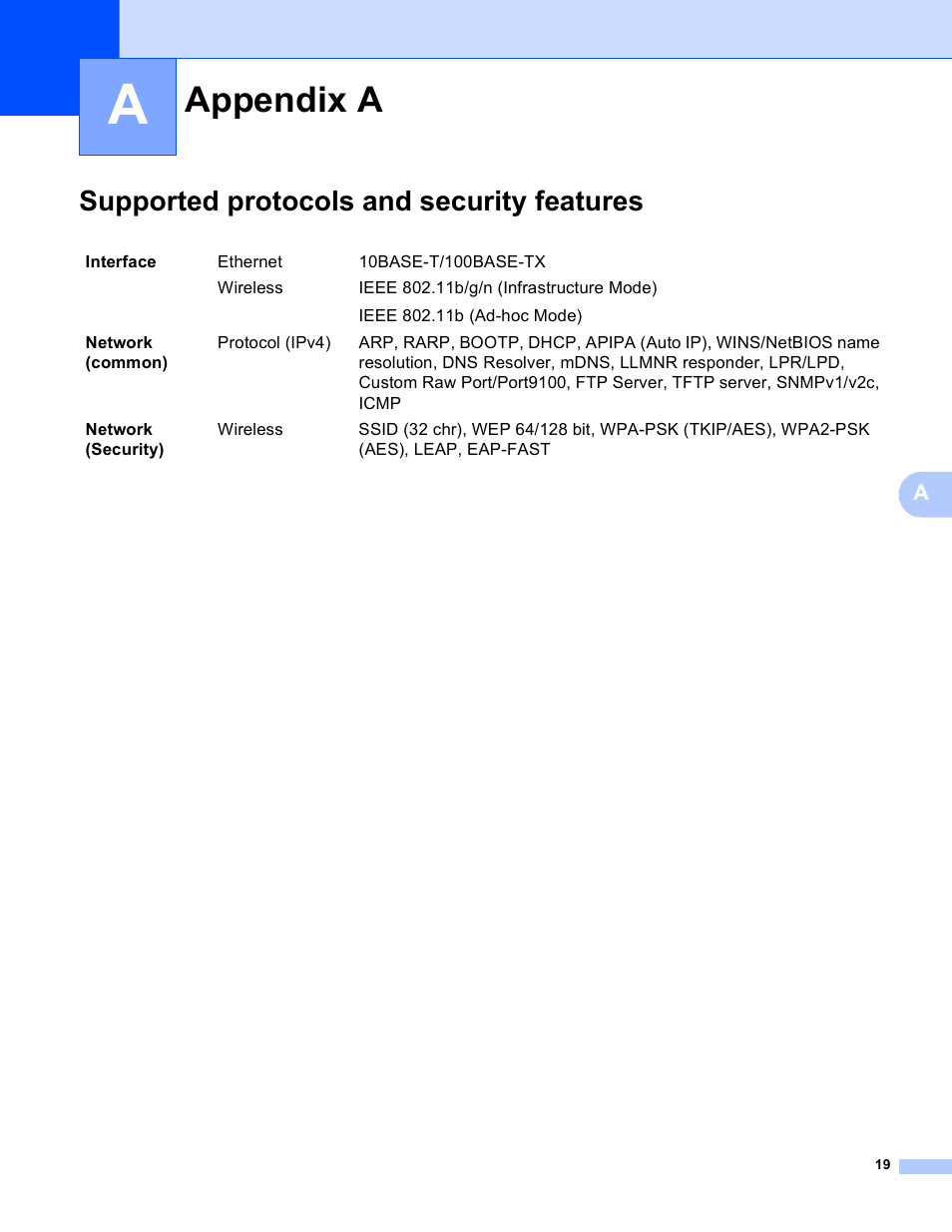 Appendix a, Supported protocols and security features | Brother QL-720NW User Manual | Page 24 / 48