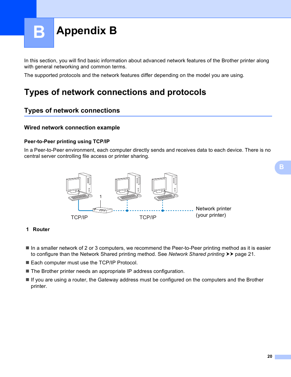 Appendix b, Types of network connections and protocols, Types of network connections | Wired network connection example | Brother QL-720NW User Manual | Page 25 / 48