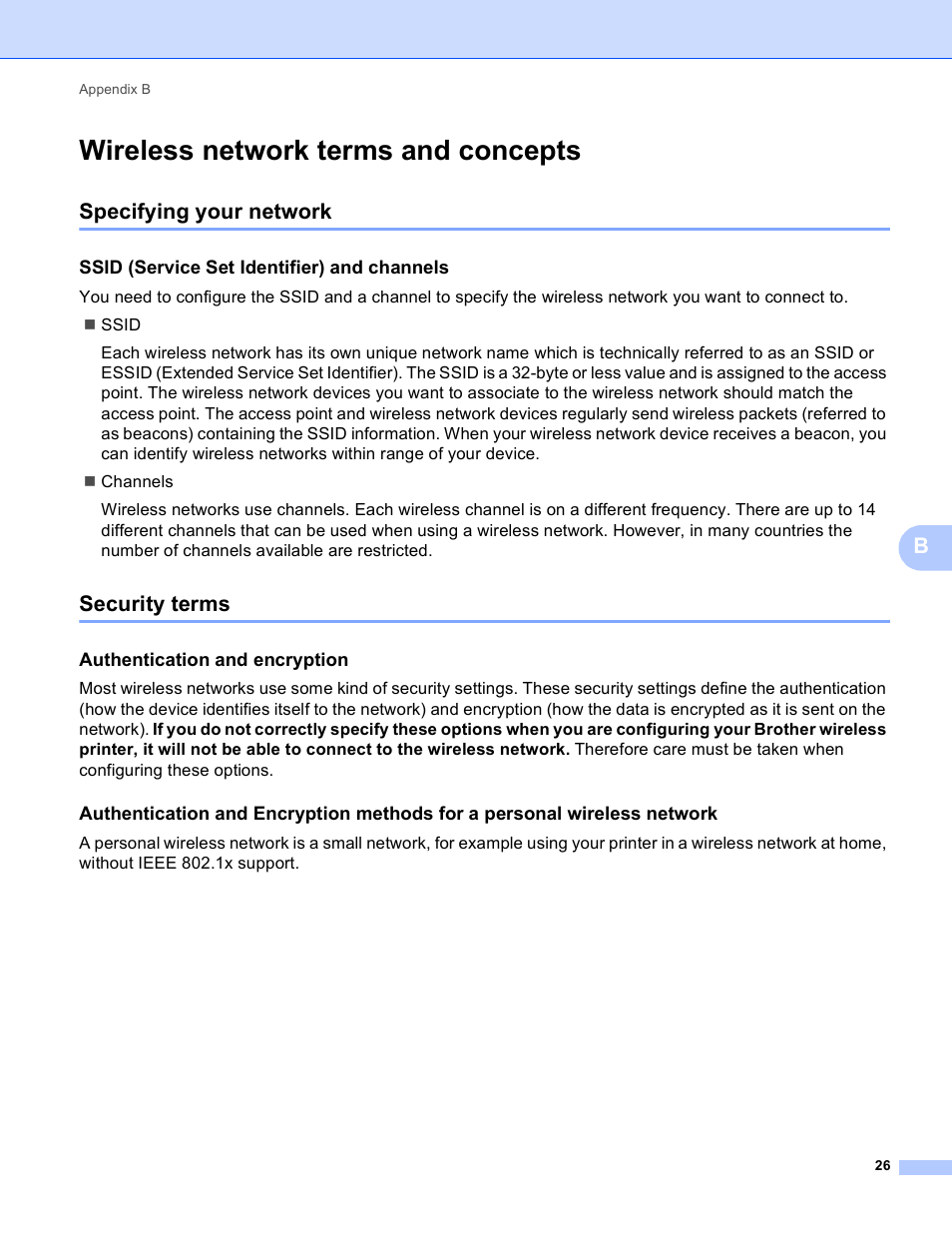 Wireless network terms and concepts, Specifying your network, Ssid (service set identifier) and channels | Security terms, Authentication and encryption, Specifying your network security terms | Brother QL-720NW User Manual | Page 31 / 48