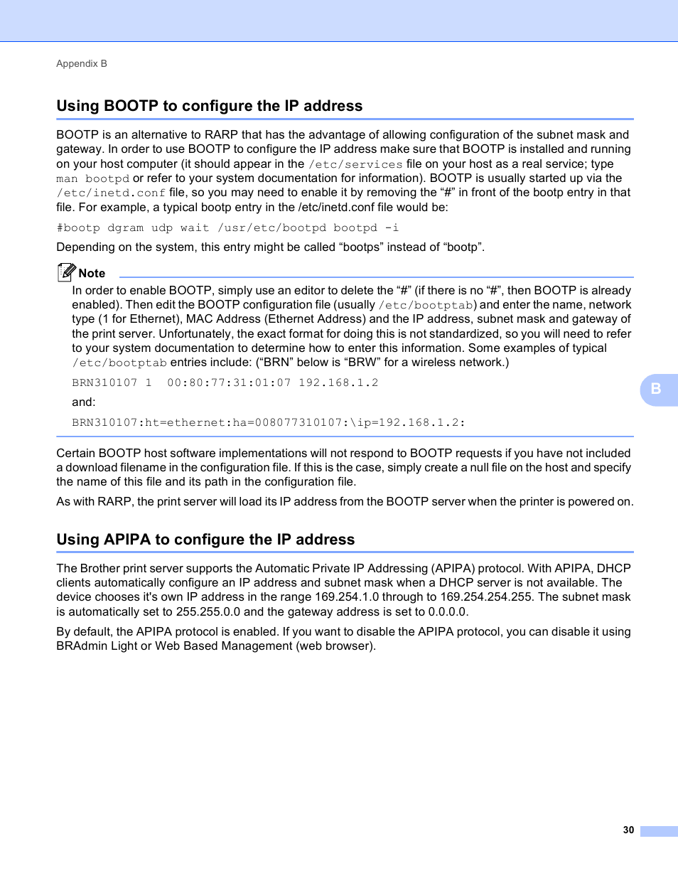 Using bootp to configure the ip address, Using apipa to configure the ip address, Busing bootp to configure the ip address | Brother QL-720NW User Manual | Page 35 / 48