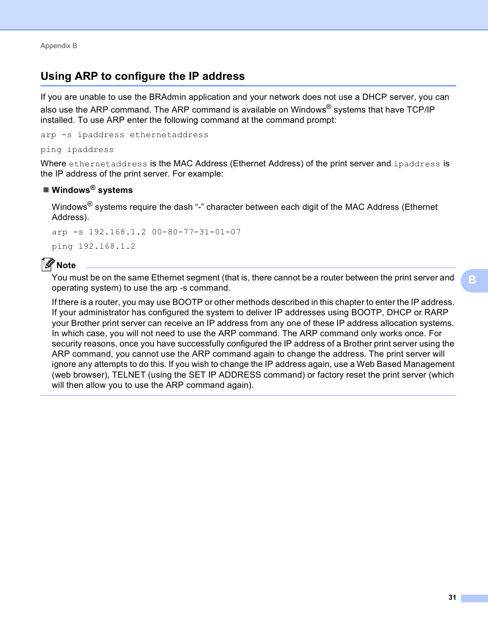 Using arp to configure the ip address, Busing arp to configure the ip address | Brother QL-720NW User Manual | Page 36 / 48