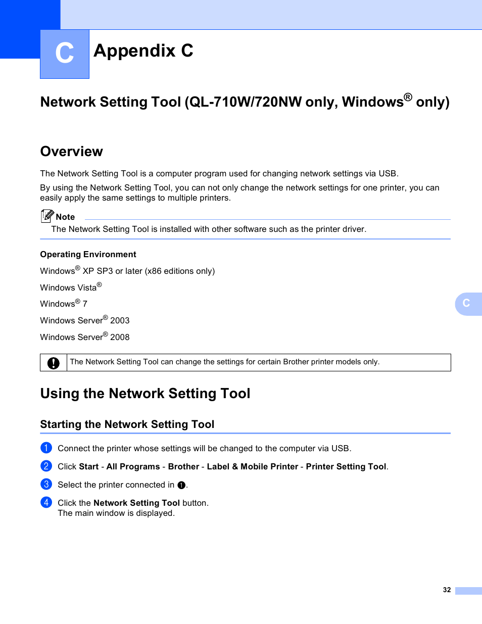 Appendix c, Overview, Using the network setting tool | Starting the network setting tool, Network setting tool (ql-710w/720nw only, windows, Only), Overview using the network setting tool | Brother QL-720NW User Manual | Page 37 / 48
