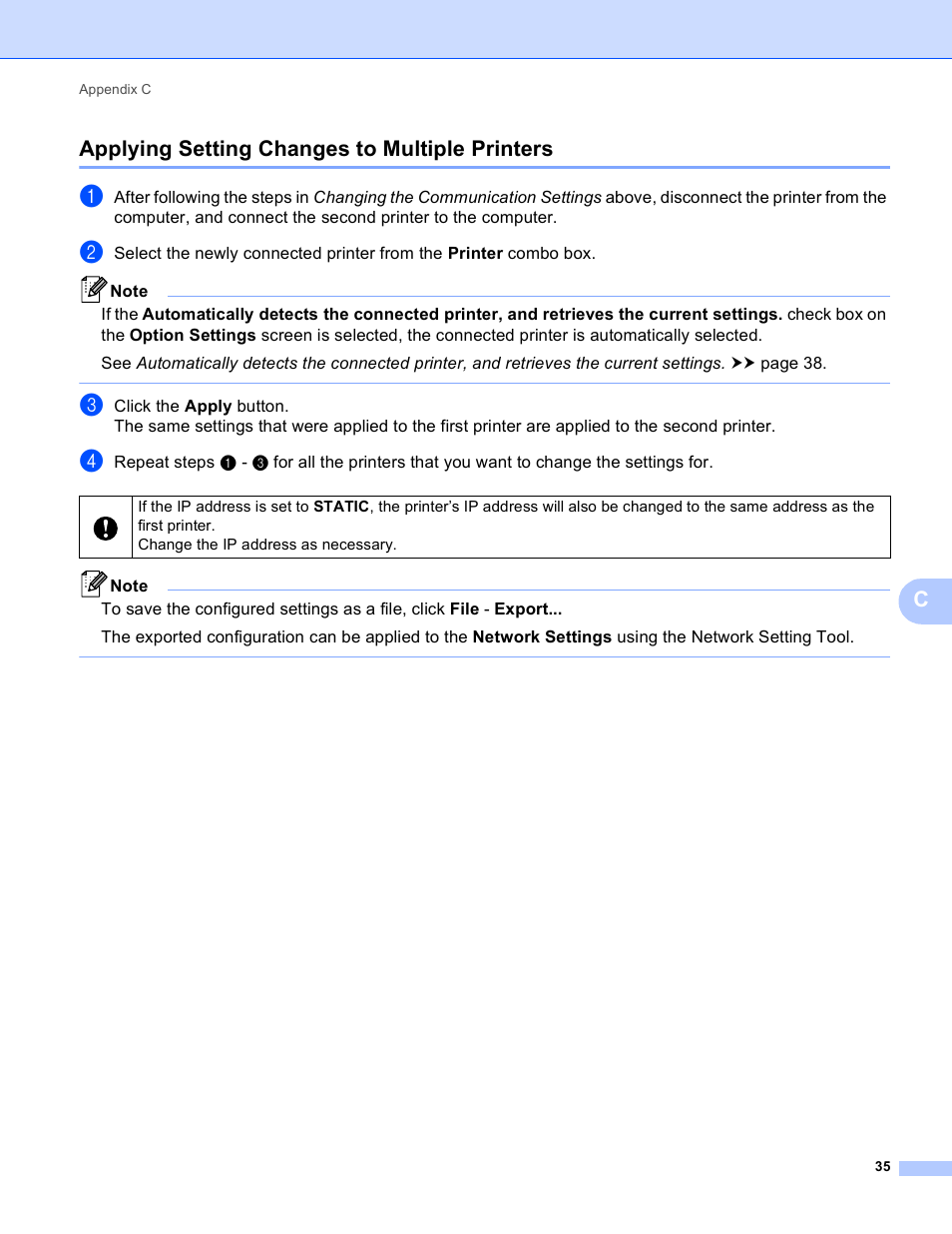 Applying setting changes to multiple printers, Capplying setting changes to multiple printers | Brother QL-720NW User Manual | Page 40 / 48