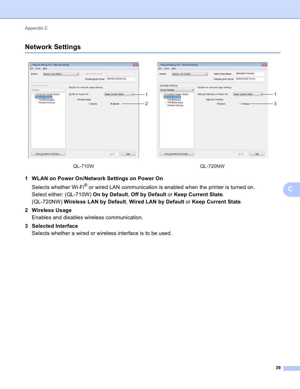 Network settings, Cnetwork settings | Brother QL-720NW User Manual | Page 44 / 48