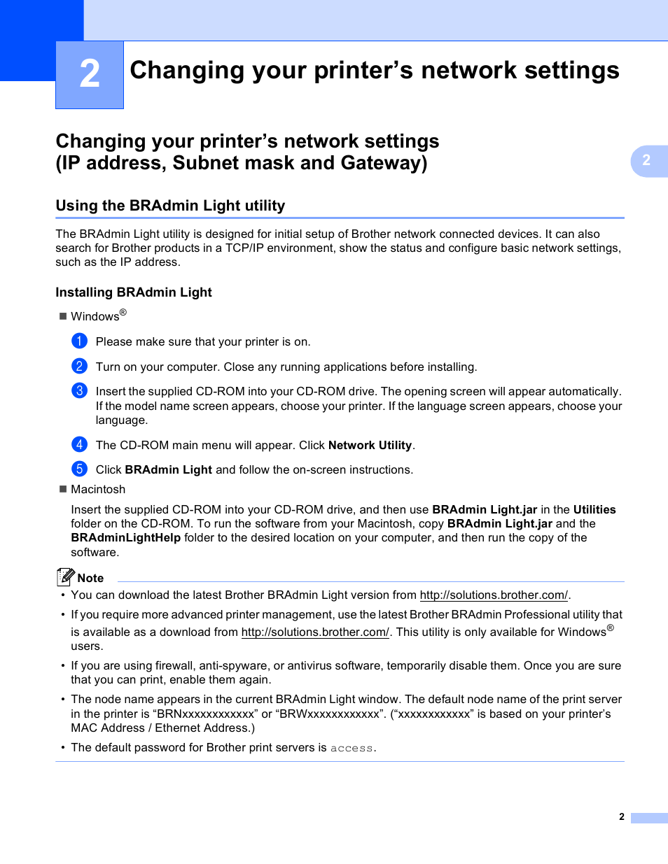 2 changing your printer’s network settings, Using the bradmin light utility, Installing bradmin light | Changing your printer’s network settings | Brother QL-720NW User Manual | Page 7 / 48