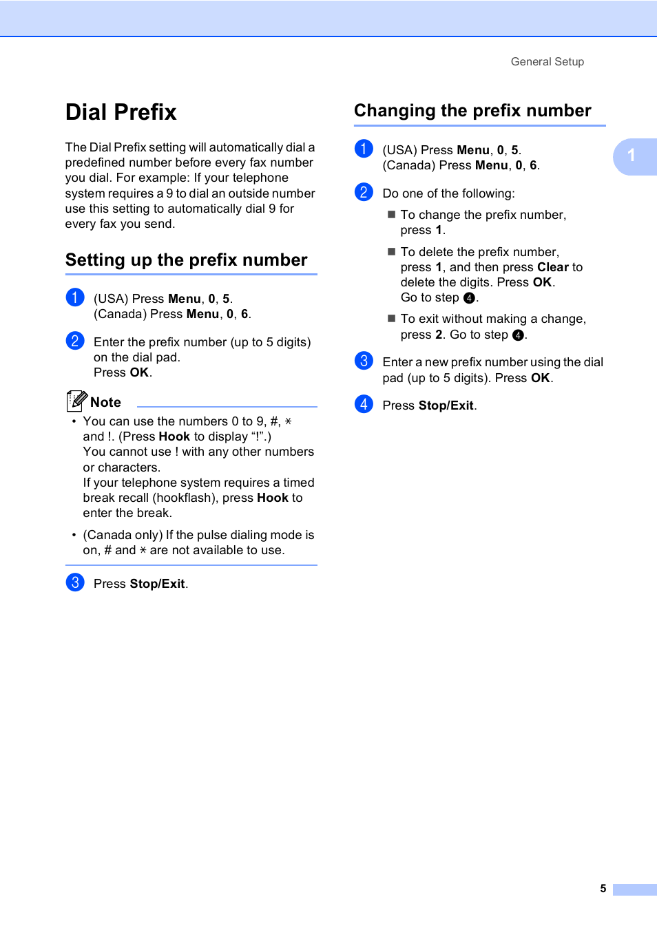 Dial prefix, Setting up the prefix number, Changing the prefix number | Brother MFC 9560CDW User Manual | Page 11 / 101