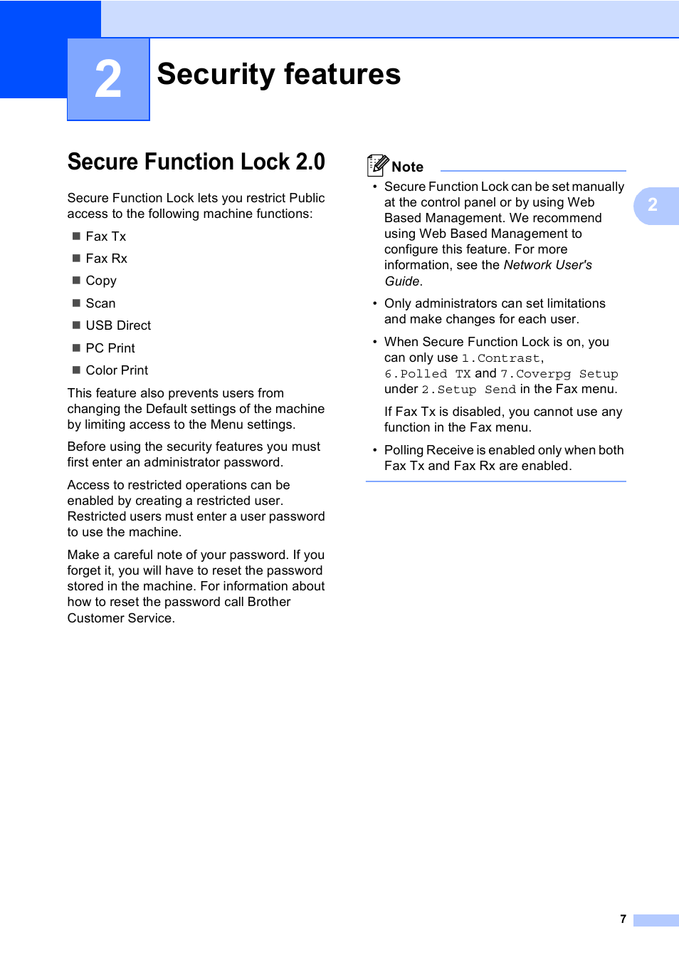 2 security features, Secure function lock 2.0, Security features | Brother MFC 9560CDW User Manual | Page 13 / 101