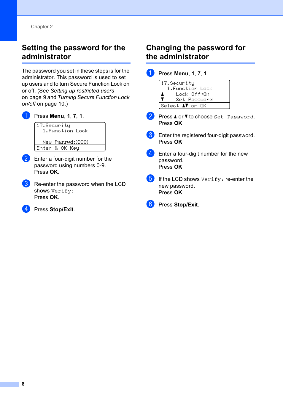 Setting the password for the administrator, Changing the password for the administrator | Brother MFC 9560CDW User Manual | Page 14 / 101