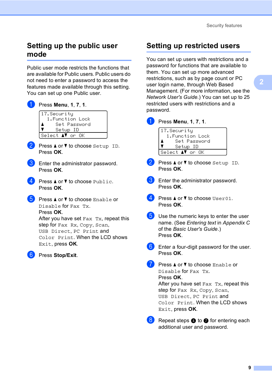 Setting up the public user mode, Setting up restricted users, 2setting up the public user mode | Brother MFC 9560CDW User Manual | Page 15 / 101