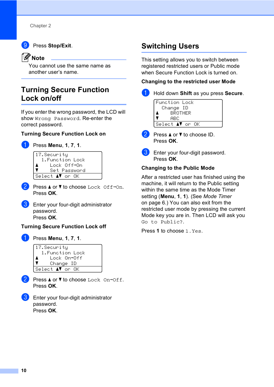 Turning secure function lock on/off, Switching users | Brother MFC 9560CDW User Manual | Page 16 / 101