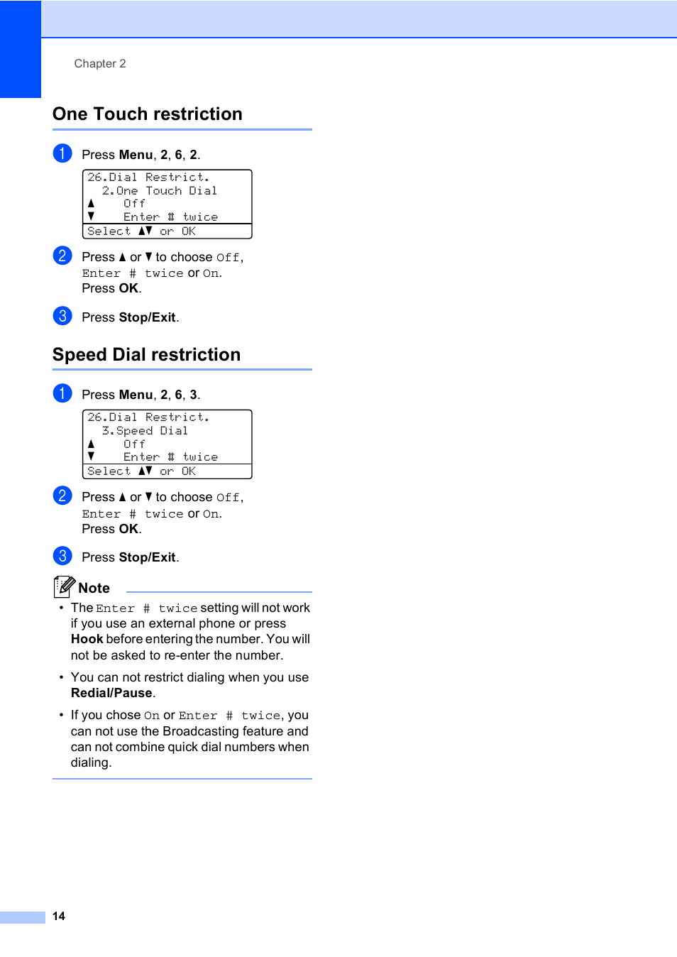 One touch restriction, Speed dial restriction, One touch restriction speed dial restriction | Brother MFC 9560CDW User Manual | Page 20 / 101