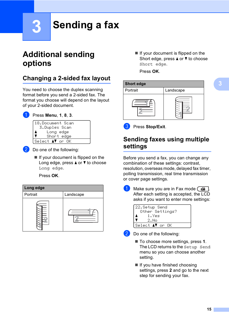 3 sending a fax, Additional sending options, Changing a 2-sided fax layout | Sending faxes using multiple settings, Sending a fax | Brother MFC 9560CDW User Manual | Page 21 / 101