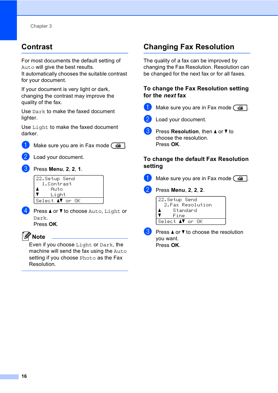 Contrast, Changing fax resolution, To change the default fax resolution setting | Contrast changing fax resolution | Brother MFC 9560CDW User Manual | Page 22 / 101