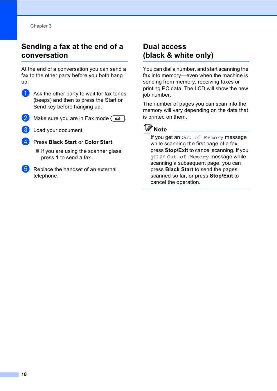 Sending a fax at the end of a conversation, Dual access (black & white only) | Brother MFC 9560CDW User Manual | Page 24 / 101