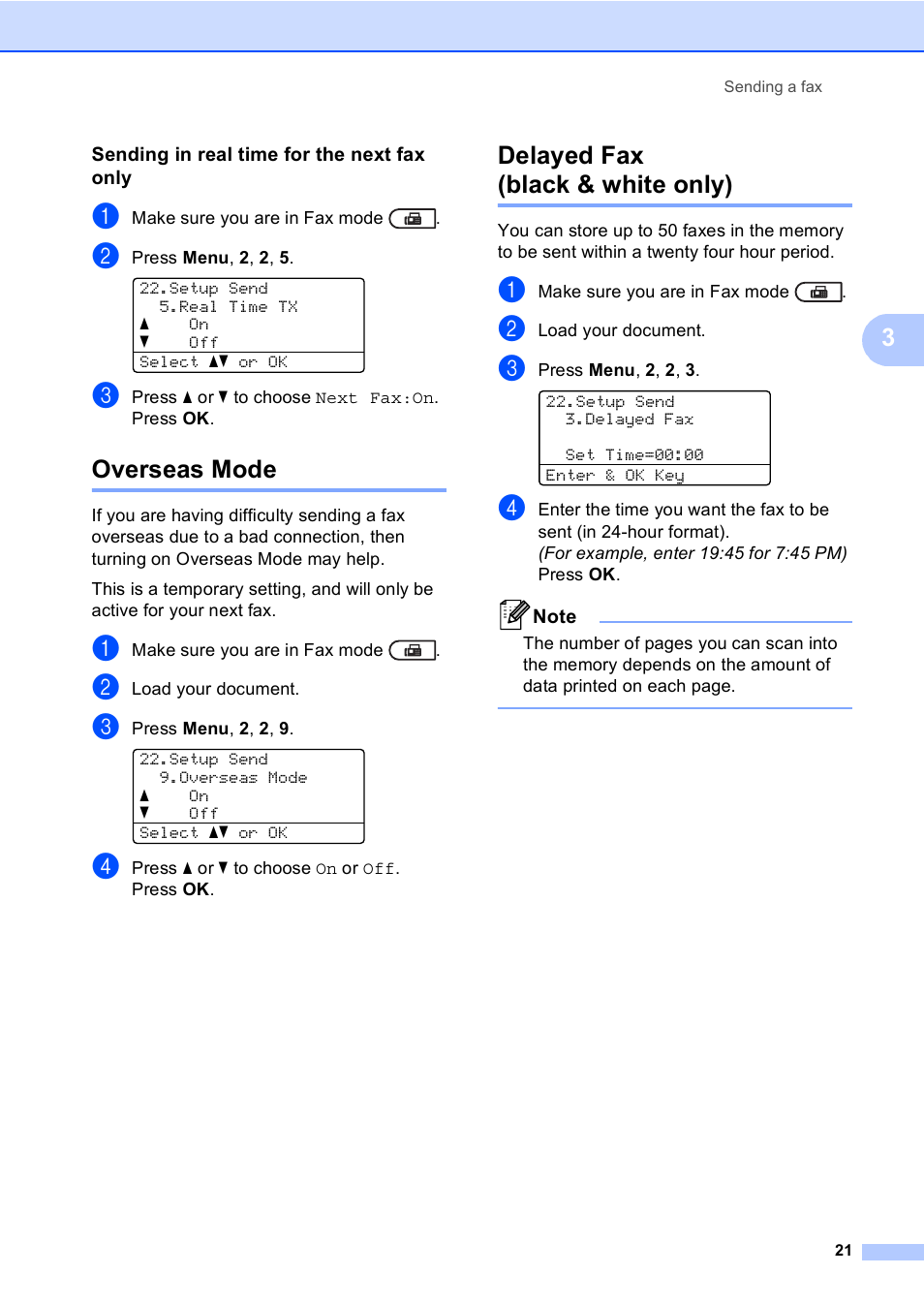 Sending in real time for the next fax only, Overseas mode, Delayed fax (black & white only) | Overseas mode delayed fax (black & white only) | Brother MFC 9560CDW User Manual | Page 27 / 101