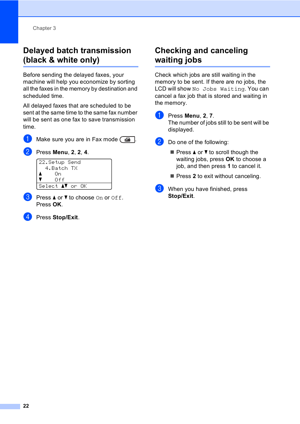 Delayed batch transmission (black & white only), Checking and canceling waiting jobs | Brother MFC 9560CDW User Manual | Page 28 / 101
