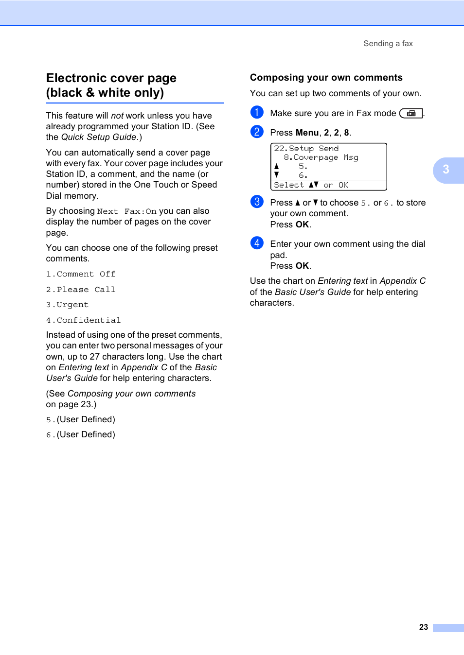 Composing your own comments, 3electronic cover page (black & white only) | Brother MFC 9560CDW User Manual | Page 29 / 101