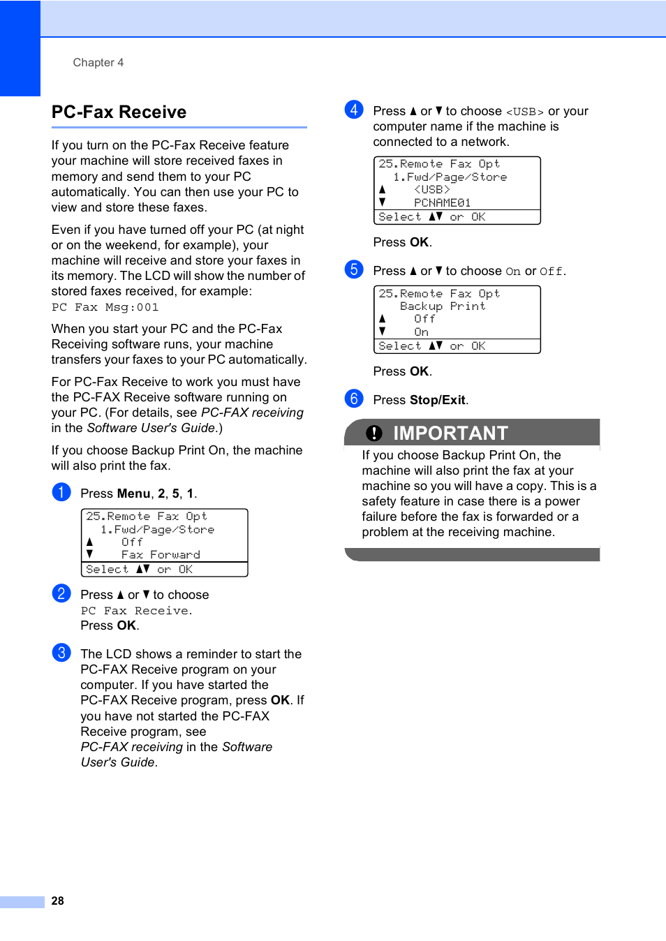 Pc-fax receive, Important | Brother MFC 9560CDW User Manual | Page 34 / 101