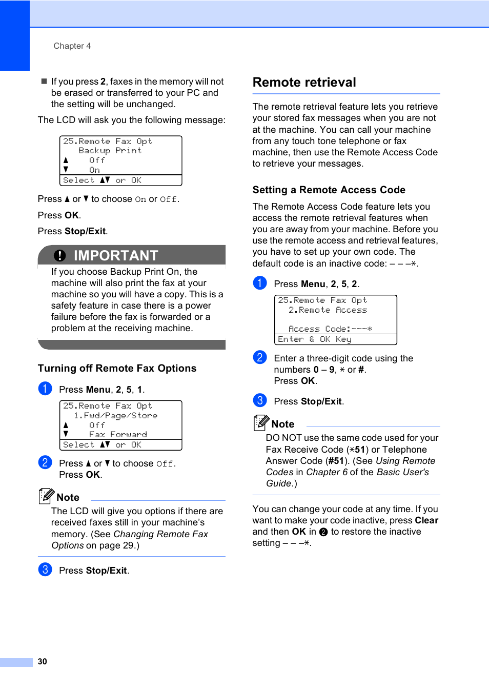 Turning off remote fax options, Remote retrieval, Setting a remote access code | Important | Brother MFC 9560CDW User Manual | Page 36 / 101