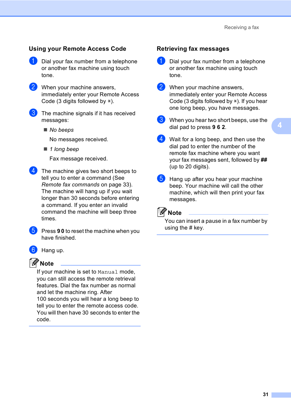 Using your remote access code, Retrieving fax messages | Brother MFC 9560CDW User Manual | Page 37 / 101