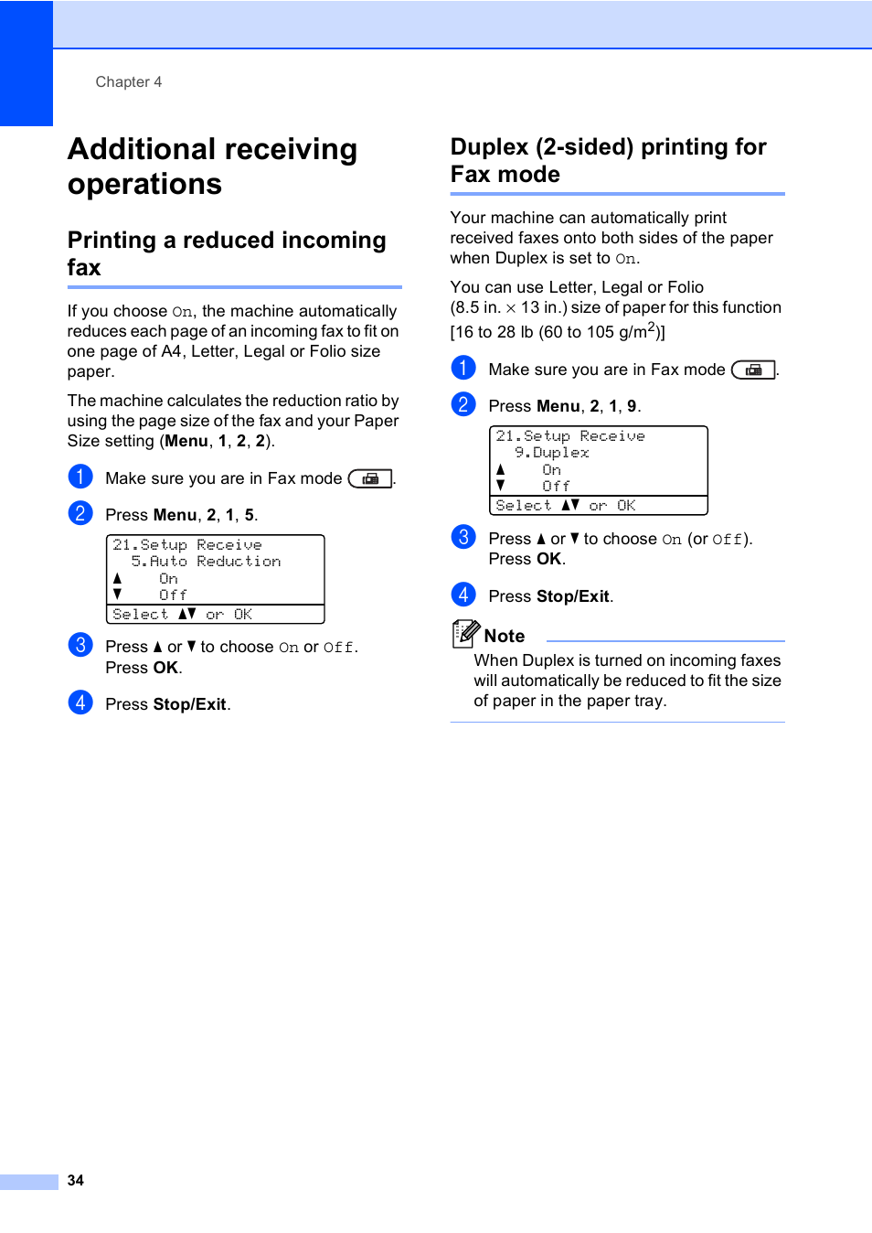 Additional receiving operations, Printing a reduced incoming fax, Duplex (2-sided) printing for fax mode | Brother MFC 9560CDW User Manual | Page 40 / 101