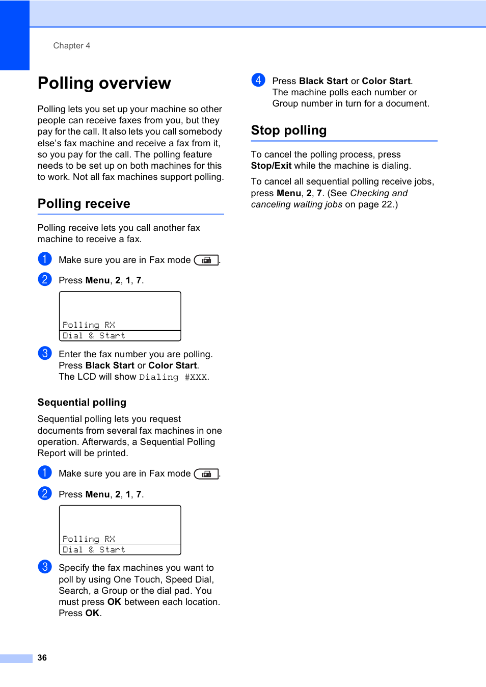 Polling overview, Polling receive, Sequential polling | Stop polling, Polling receive stop polling | Brother MFC 9560CDW User Manual | Page 42 / 101