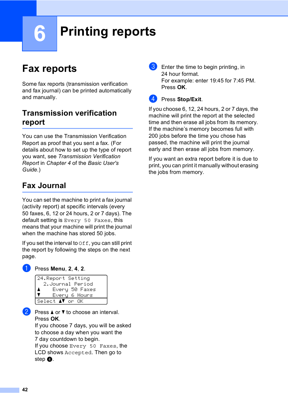 6 printing reports, Fax reports, Transmission verification report | Fax journal, Printing reports, Transmission verification report fax journal | Brother MFC 9560CDW User Manual | Page 48 / 101