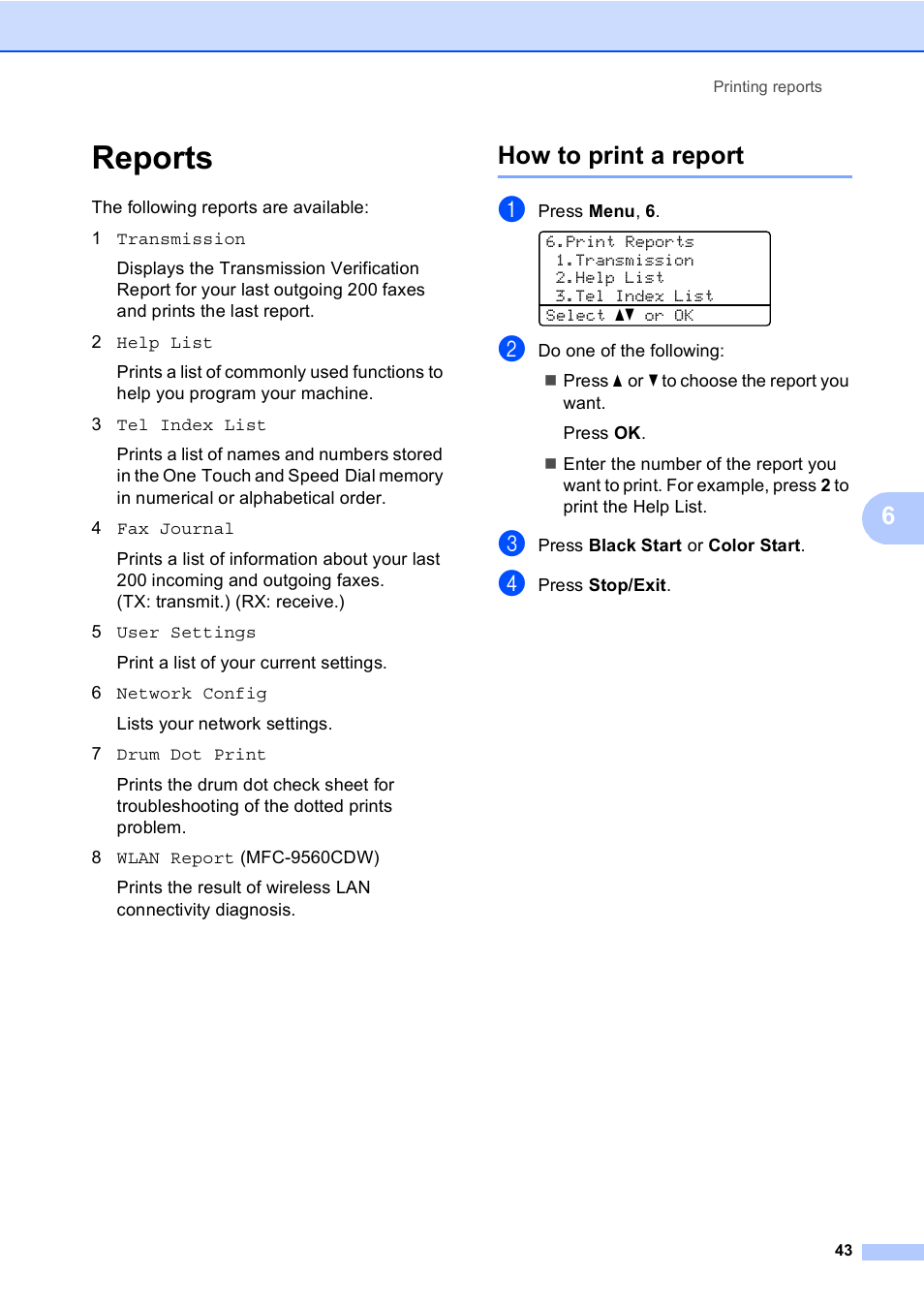 Reports, How to print a report | Brother MFC 9560CDW User Manual | Page 49 / 101