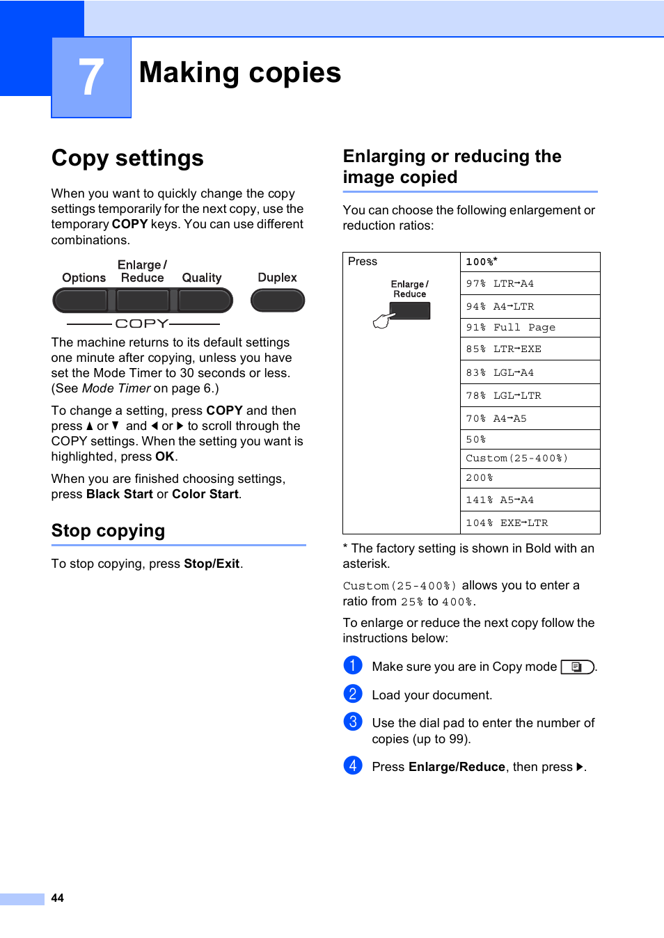 7 making copies, Copy settings, Stop copying | Enlarging or reducing the image copied, Making copies | Brother MFC 9560CDW User Manual | Page 50 / 101