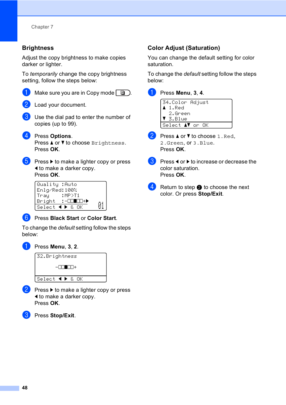 Brightness, Color adjust (saturation) | Brother MFC 9560CDW User Manual | Page 54 / 101